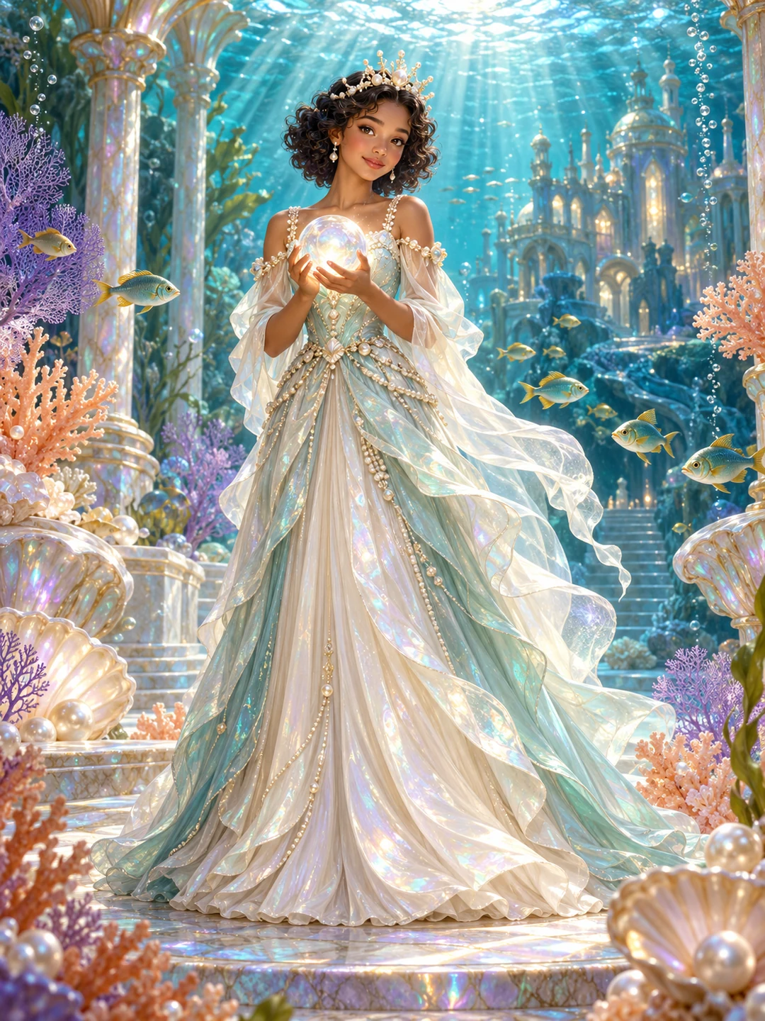 Die Perlenprinzessin mit kurzen schwarzen Locken hält eine leuchtende Kugel in ihrer schimmernden Unterwasserwelt.