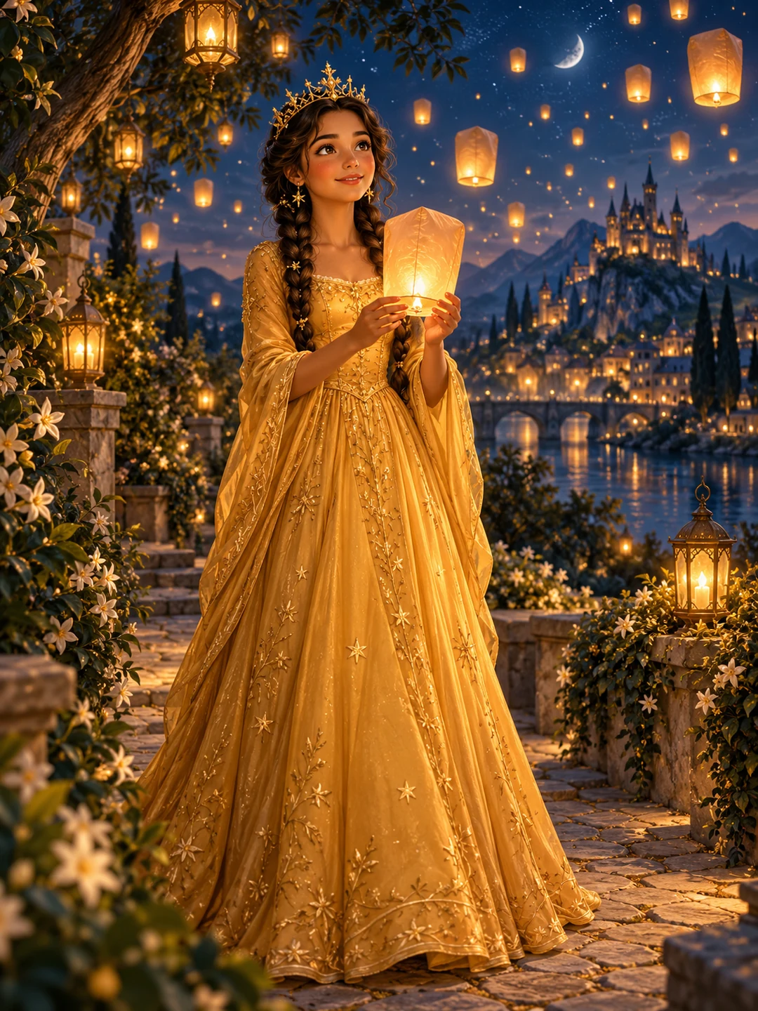 Die Wunschprinzessin mit zwei dunklen Zöpfen und goldenem Kleid hält eine Laterne in einem Garten voller Wunschlichter.